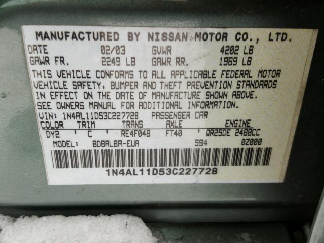 1N4AL11D53C227728 - 2003 NISSAN ALTIMA BAS GREEN photo 10