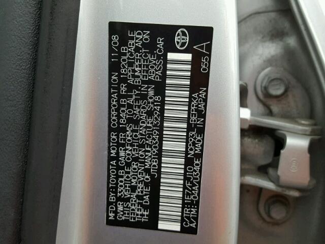 JTDBT903491329418 - 2009 TOYOTA YARIS GRAY photo 10