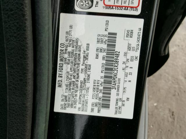 3FAHP0KC2CR389482 - 2012 FORD FUSION SPO BLACK photo 10