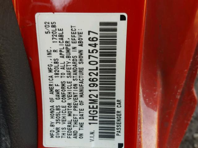 1HGEM21962L075467 - 2002 HONDA CIVIC EX RED photo 10