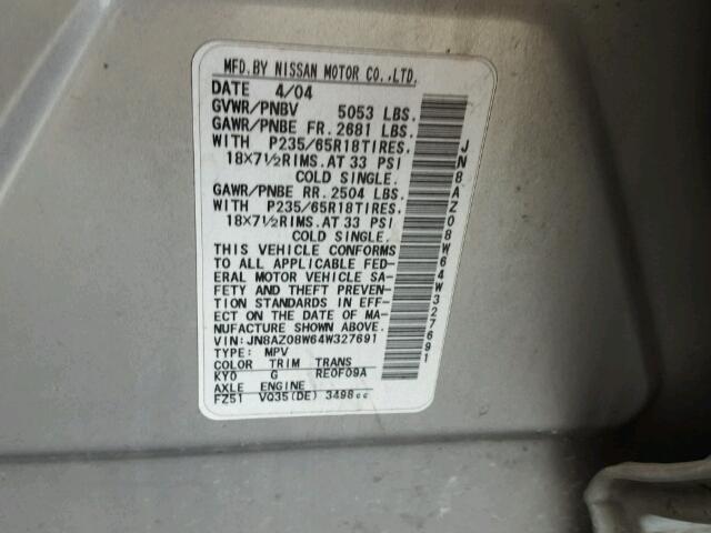 JN8AZ08W64W327691 - 2004 NISSAN MURANO SL SILVER photo 10