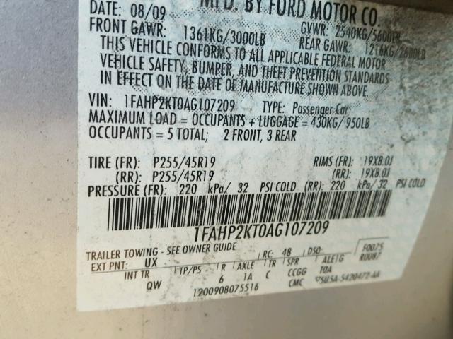 1FAHP2KT0AG107209 - 2010 FORD TAURUS SHO SILVER photo 10