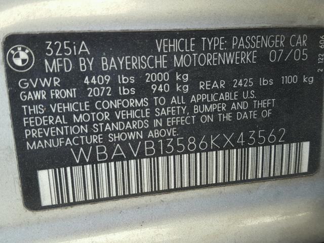 WBAVB13586KX43562 - 2006 BMW 325 I SILVER photo 10