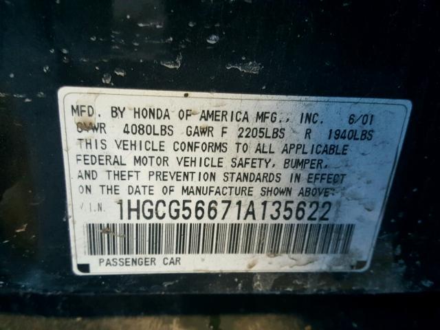 1HGCG56671A135622 - 2001 HONDA ACCORD EX GREEN photo 10