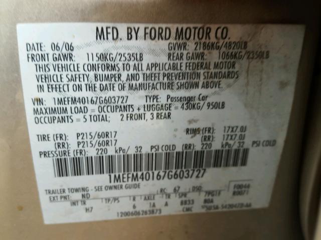 1MEFM40167G603727 - 2007 MERCURY MONTEGO LU GOLD photo 10