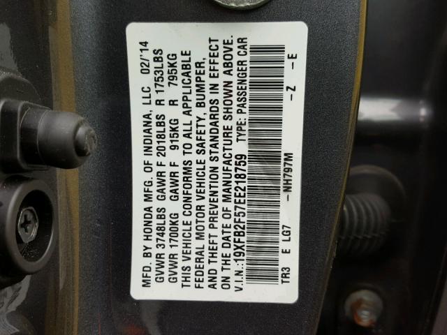 19XFB2F57EE218759 - 2014 HONDA CIVIC LX GRAY photo 10