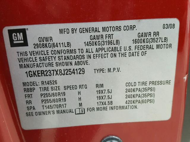 1GKER237X8J254129 - 2008 GMC ACADIA SLT მუქწითელი ფოტო 10