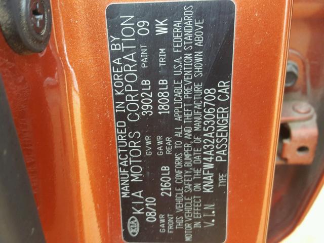 KNAFW4A32A5306708 - 2010 KIA FORTE SX ORANGE photo 10