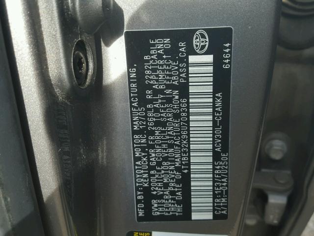 4T1BE32K96U708366 - 2006 TOYOTA CAMRY LE CHARCOAL photo 10