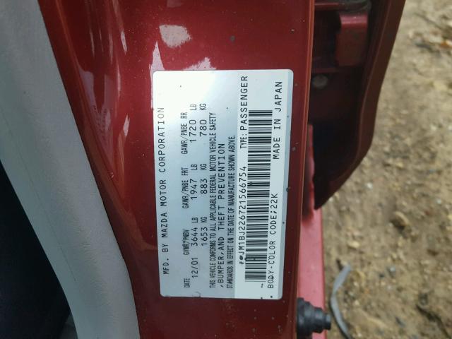 JM1BJ226721566754 - 2002 MAZDA PROTEGE DX RED photo 10