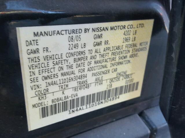 1N4AL11D16N304894 - 2006 NISSAN ALTIMA S BLACK photo 10