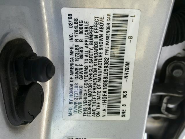 1HGFA16868L059382 - 2008 HONDA CIVIC EX Gümüş fotoğraf 10