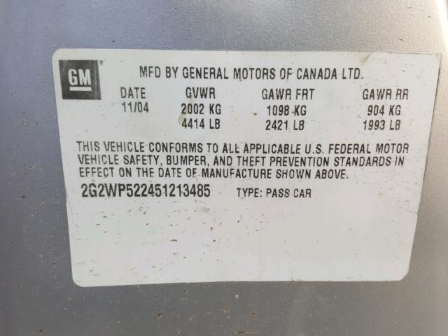 2G2WP522451213485 - 2005 PONTIAC GRAND PRIX ვერცხლისფერი ფოტო 10