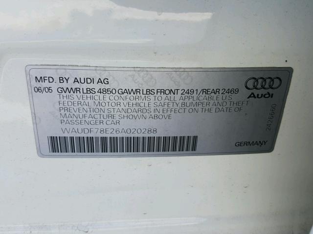 WAUDF78E26A020288 - 2006 AUDI A4 2.0T QU WHITE photo 10