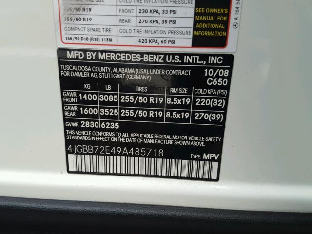 4JGBB72E49A485718 - 2009 MERCEDES-BENZ ML 550 WHITE photo 10