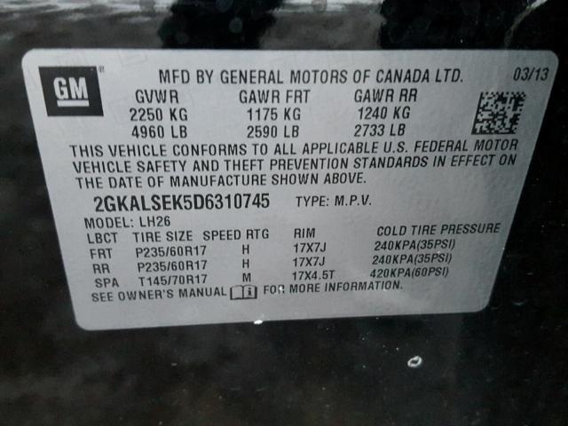 2GKALSEK5D6310745 - 2013 GMC TERRAIN SL BLACK photo 10