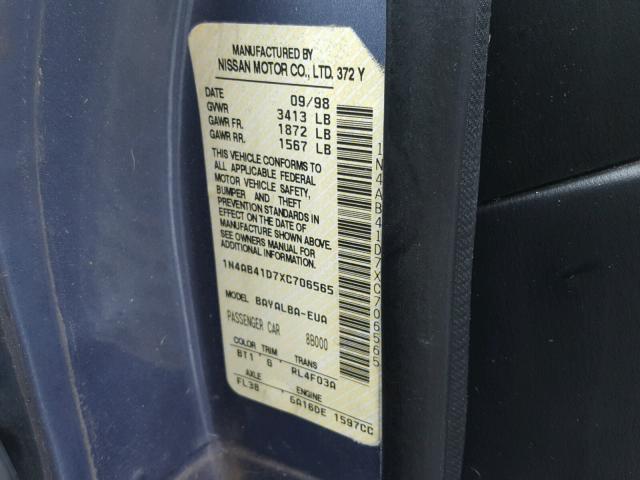 1N4AB41D7XC706565 - 1999 NISSAN SENTRA BAS BLUE photo 10