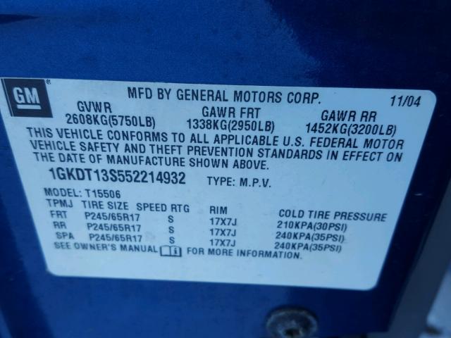 1GKDT13S552214932 - 2005 GMC ENVOY BLUE photo 10