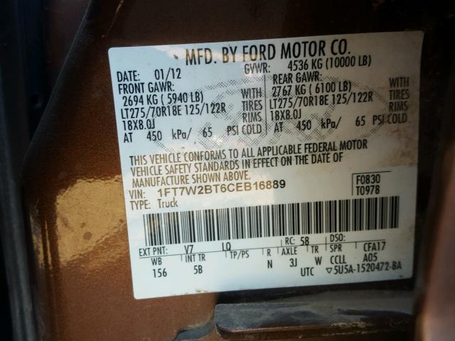 1FT7W2BT6CEB16889 - 2012 FORD F250 SUPER BROWN photo 10