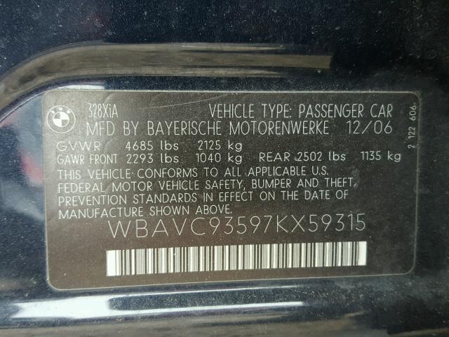 WBAVC93597KX59315 - 2007 BMW 328 XI BLUE photo 10