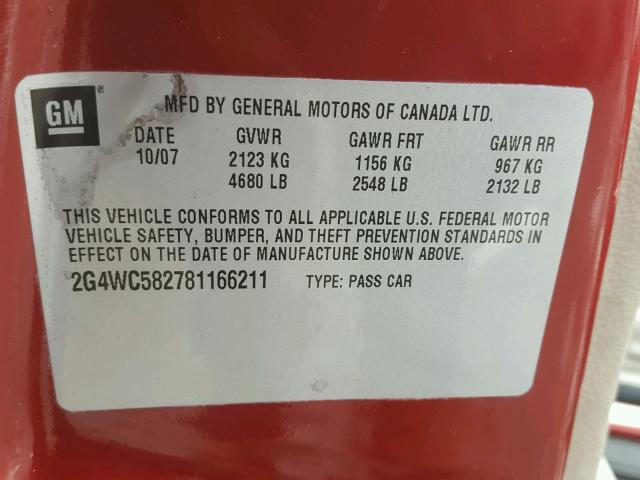 2G4WC582781166211 - 2008 BUICK LACROSSE C RED photo 10
