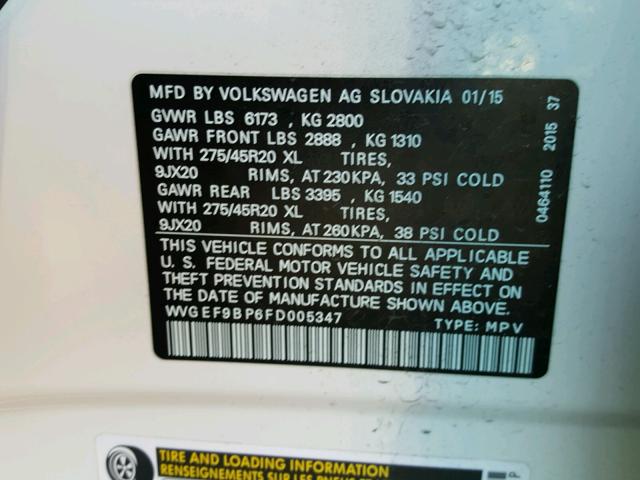 WVGEF9BP6FD005347 - 2015 VOLKSWAGEN TOUAREG V6 WHITE photo 10