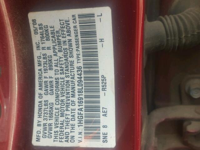 1HGFA16918L094436 - 2008 HONDA CIVIC EXL أحمر صورة 10