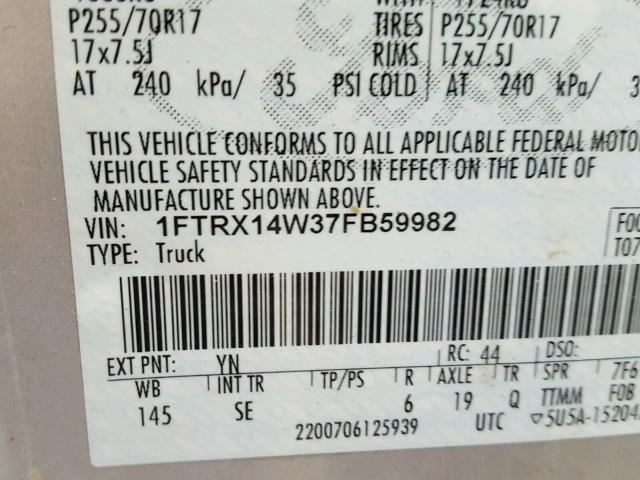 1FTRX14W37FB59982 - 2007 FORD F150 SILVER photo 10