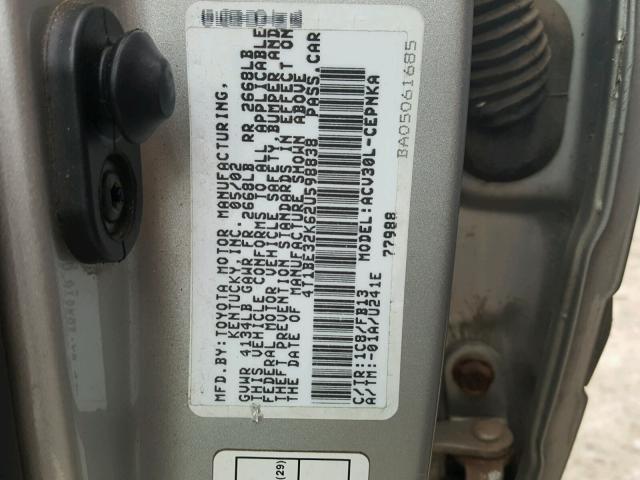 4T1BE32K62U598838 - 2002 TOYOTA CAMRY LE SILVER photo 10