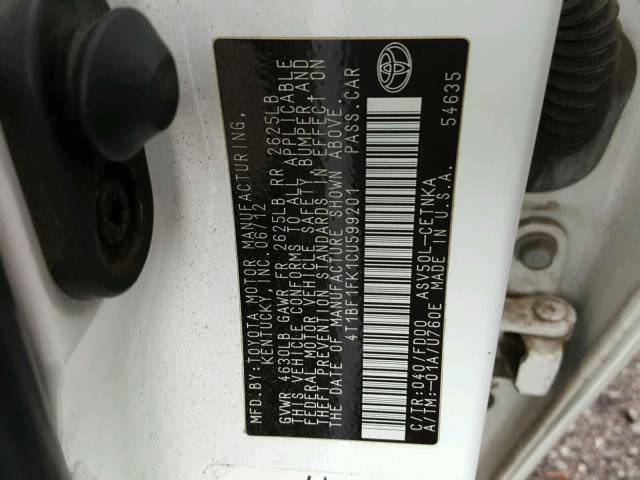 4T1BF1FK1CU599201 - 2012 TOYOTA CAMRY BASE WHITE photo 10