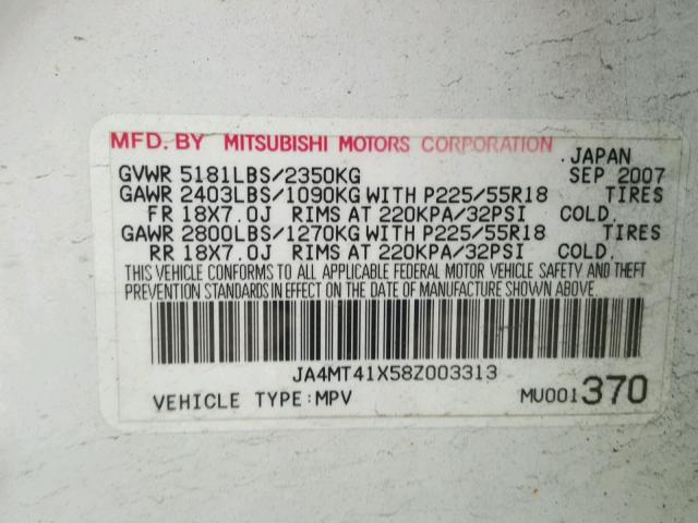 JA4MT41X58Z003313 - 2008 MITSUBISHI OUTLANDER WHITE photo 10