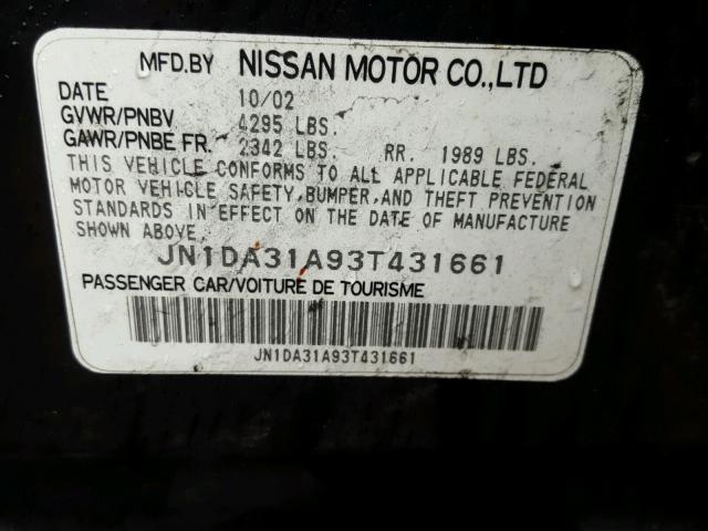 JN1DA31A93T431661 - 2003 NISSAN MAXIMA GLE BLACK photo 10