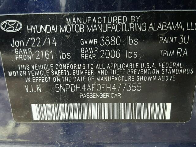 5NPDH4AE0EH477355 - 2014 HYUNDAI ELANTRA SE BLUE photo 10