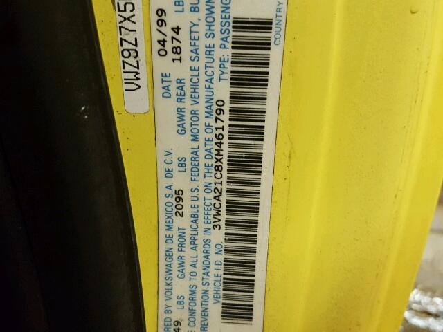 3VWCA21C8XM461790 - 1999 VOLKSWAGEN NEW BEETLE 黄色 照片 10