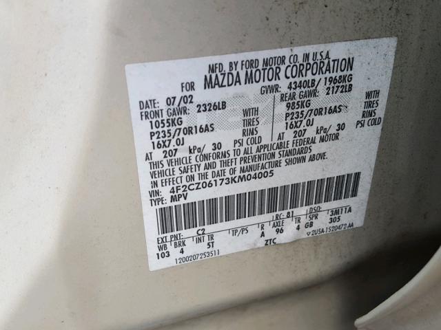 4F2CZ06173KM04005 - 2003 MAZDA TRIBUTE ES 棕色 照片 10