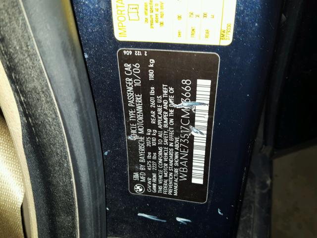 WBANE73517CM53668 - 2007 BMW 530 I BLUE photo 10