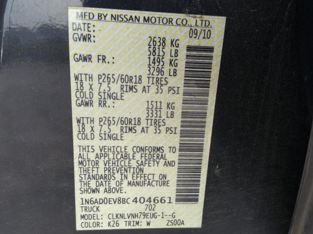 1N6AD0EV8BC404661 - 2011 NISSAN FRONTIER S GRAY photo 10