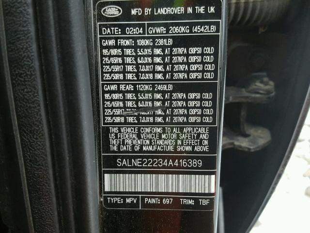 SALNE22234A416389 - 2004 LAND ROVER FREELANDER BLACK photo 10