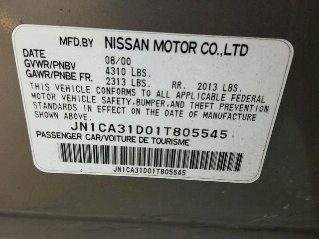 JN1CA31D01T805545 - 2001 NISSAN MAXIMA GXE SILVER photo 10