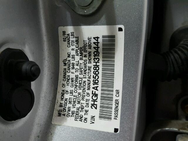 2HGFA16568H319444 - 2008 HONDA CIVIC LX SILVER photo 10