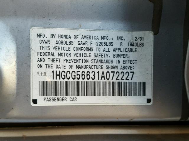 1HGCG56631A072227 - 2001 HONDA ACCORD EX GRAY photo 10