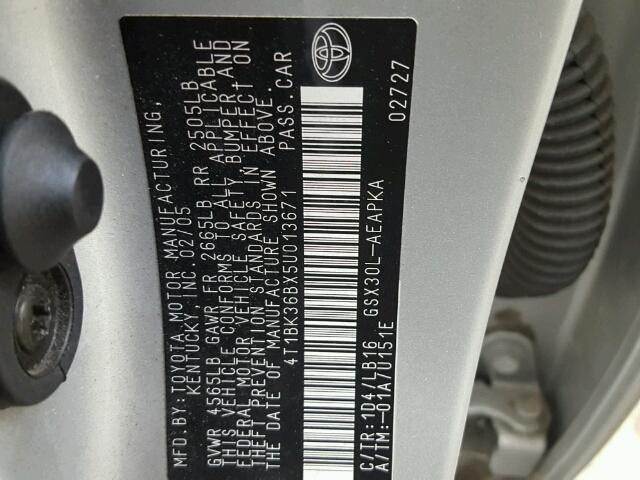 4T1BK36BX5U013671 - 2005 TOYOTA AVALON XL SILVER photo 10