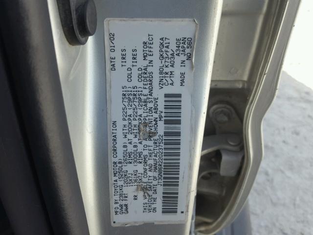 JT3GN86R220237522 - 2002 TOYOTA 4RUNNER SR SILVER photo 10