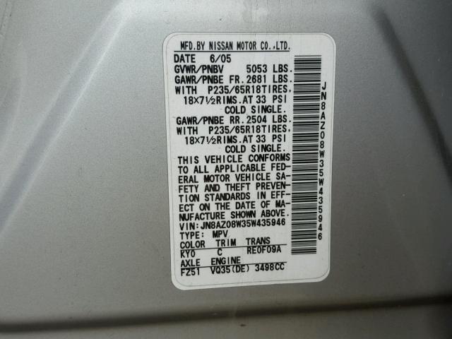 JN8AZ08W35W435946 - 2005 NISSAN MURANO SL SILVER photo 10