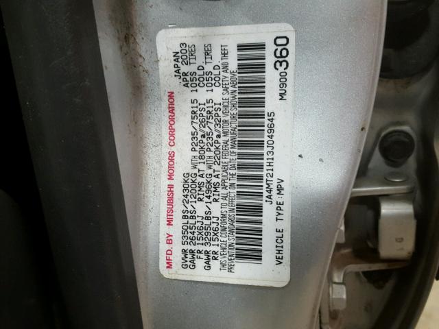 JA4MT21H13J049645 - 2003 MITSUBISHI MONTERO SP SILVER photo 10