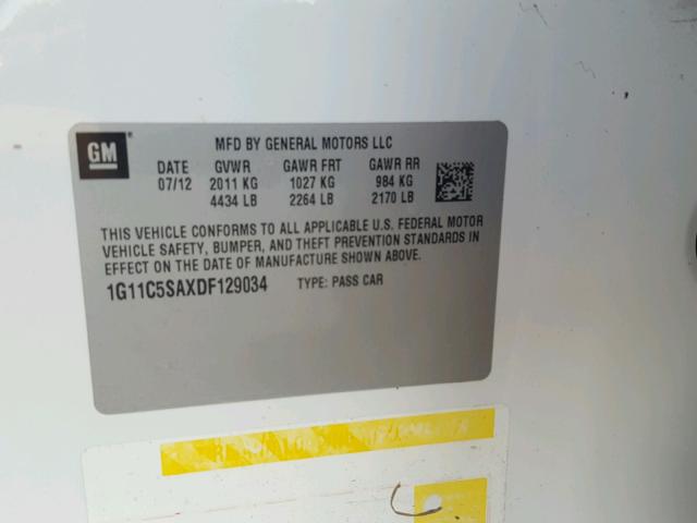 1G11C5SAXDF129034 - 2013 CHEVROLET MALIBU 1LT WHITE photo 10