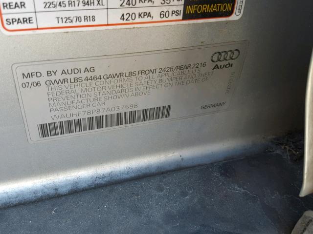 WAUHF78P87A037598 - 2007 AUDI A3 2 SILVER photo 10