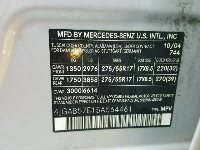 4JGAB57E15A564461 - 2005 MERCEDES-BENZ ML 350 SILVER photo 10