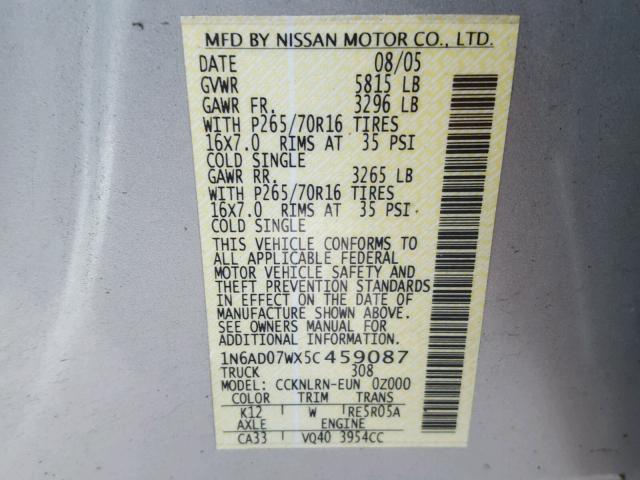 1N6AD07WX5C459087 - 2005 NISSAN FRONTIER C SILVER photo 10