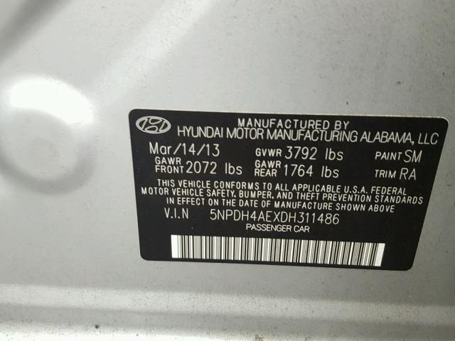 5NPDH4AEXDH311486 - 2013 HYUNDAI ELANTRA GL SILVER photo 10